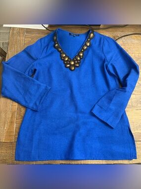 Jones New York Royal Blue V-Neck Tunic with Gold Beaded Trim